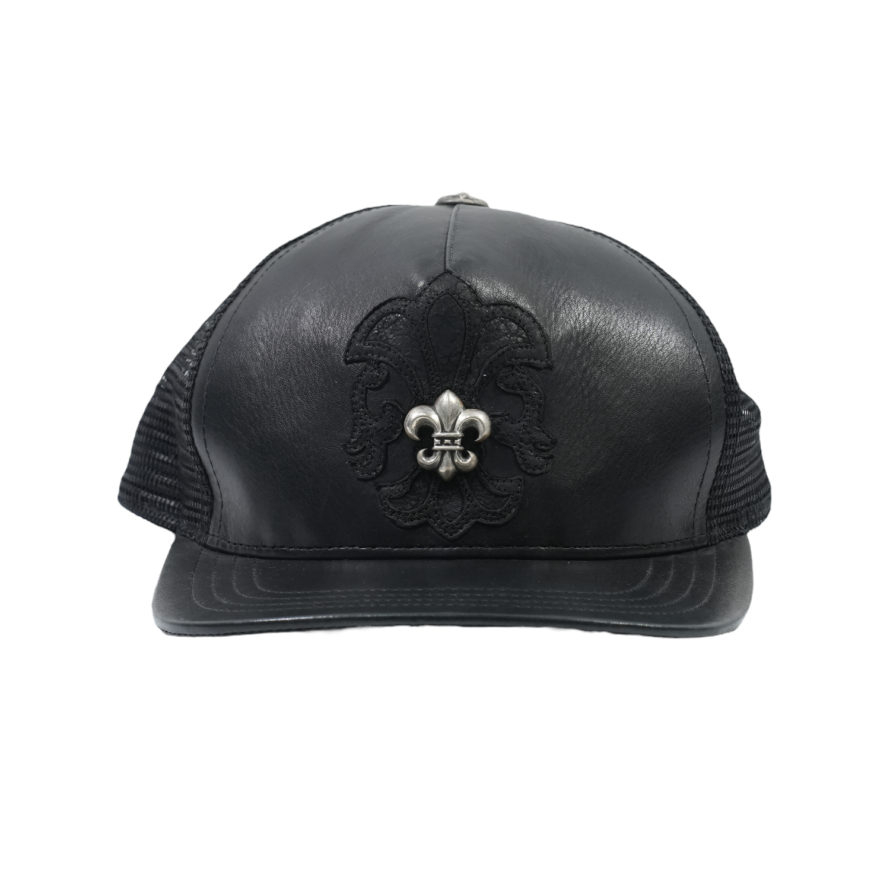 “TRUCKER CAP/トラッカー フレアレザーパッチクロスボール付メッシュ帽子 “